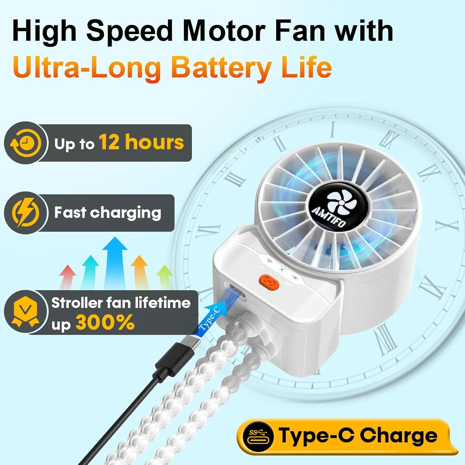 AMTIFO White Baby Fan - USB Rechargeable, Turbo Cooling, Quiet, Adjustable Speeds, Portable Stroller Fan for Babies, Car Seats, Nurseries, and Outdoor Activities, Long Battery Life