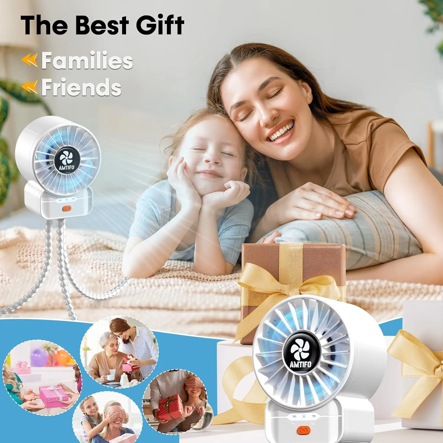 AMTIFO White Baby Fan - USB Rechargeable, Turbo Cooling, Quiet, Adjustable Speeds, Portable Stroller Fan for Babies, Car Seats, Nurseries, and Outdoor Activities, Long Battery Life