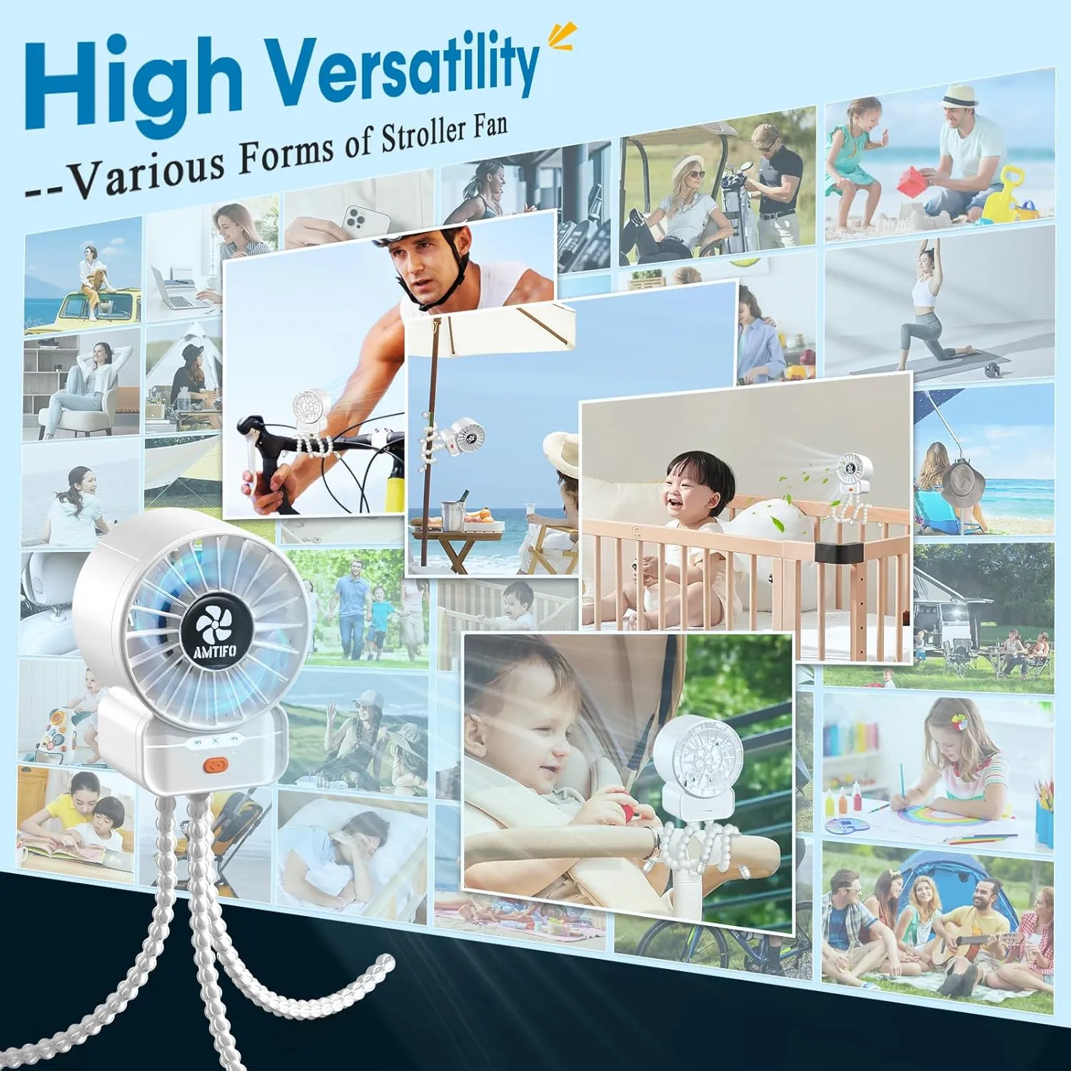 AMTIFO White Baby Fan - USB Rechargeable, Turbo Cooling, Quiet, Adjustable Speeds, Portable Stroller Fan for Babies, Car Seats, Nurseries, and Outdoor Activities, Long Battery Life