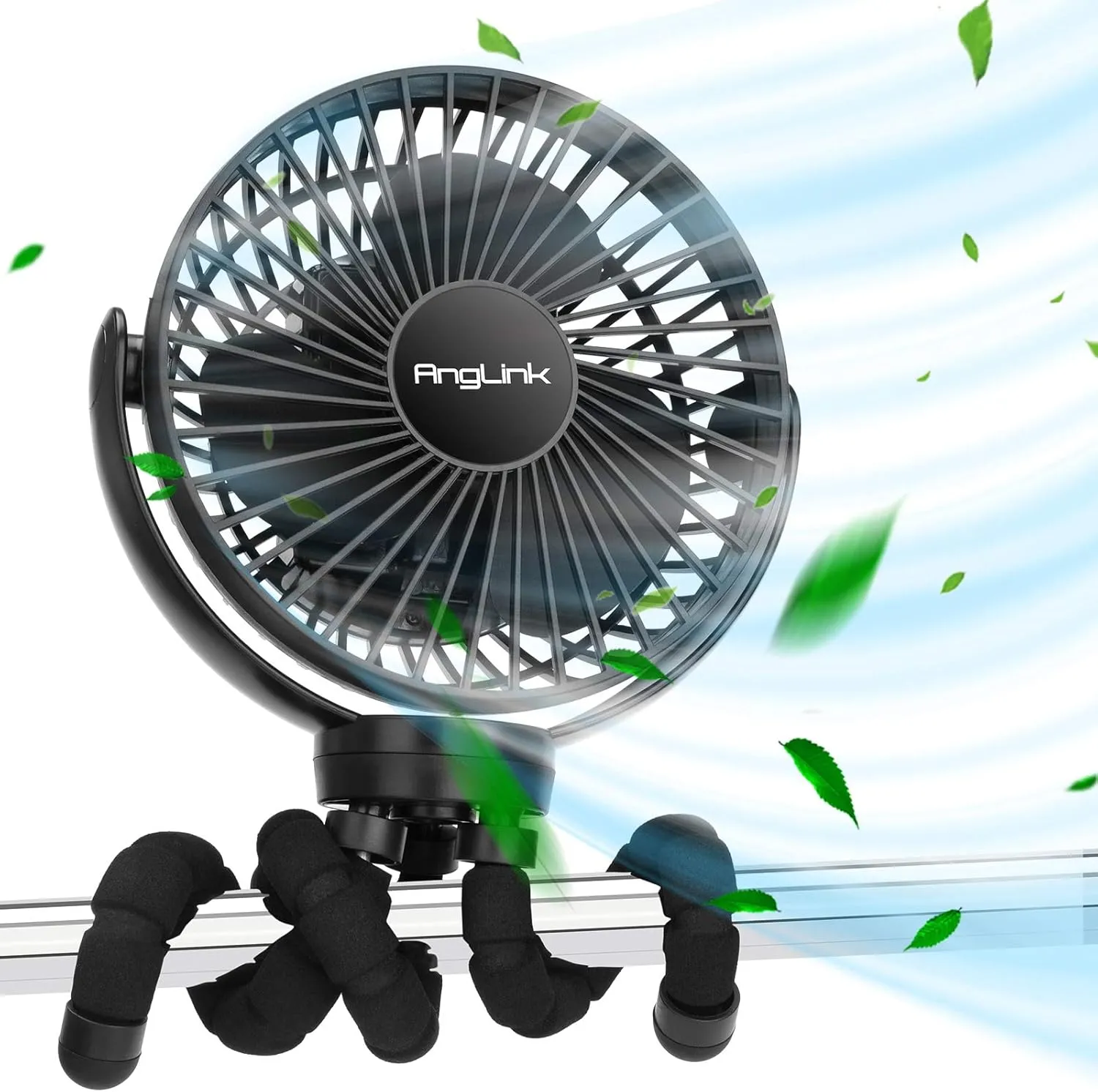 AngLink Baby Stroller Fan - 5000mAh Battery Operated USB Rechargeable Portable Fans with Flexible Tripod for Car Seat, Bed, Travel, Office, Bedroom, Bike, Kids | Black Rear-mounted fan for childrens safety