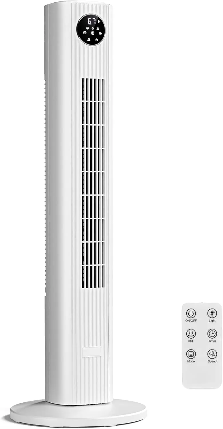 Antarctic Star 35-inch Tower Fan Portable Electric 85 Oscillating Fan Quiet Cooling Remote Control Standing Bladeless Floor Fans 3 Speeds Wind Modes 12h Timer Bedroom Office, White Tower bladeless fan for modern homes