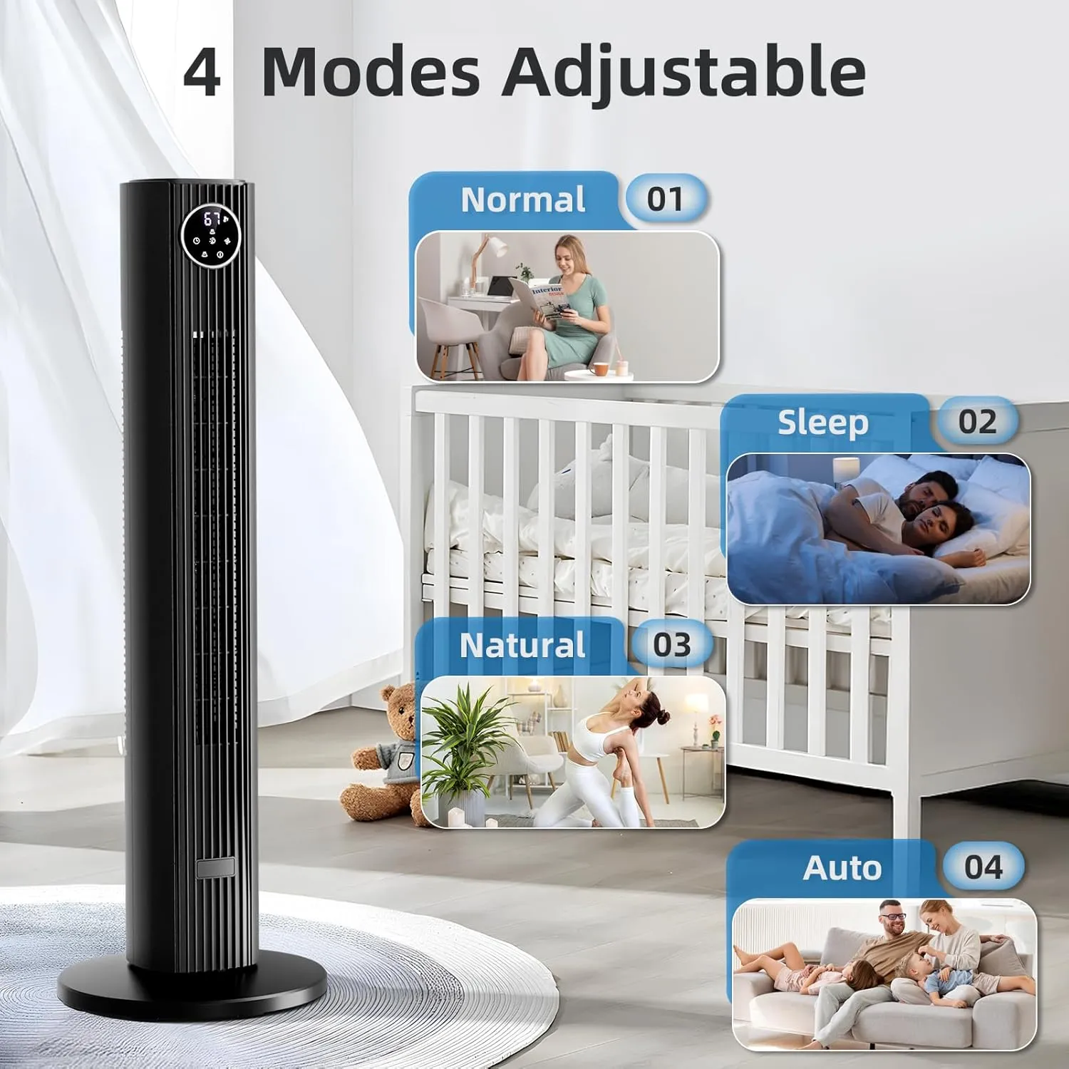 Antarctic Star Tower Fan Portable Floor Fans 85Oscillating Fan Quiet Cooling 12H Timer Remote Control Standing Bladeless Electric 3 Wind Speeds 4 Modes Bedroom Office,35 inch, Black