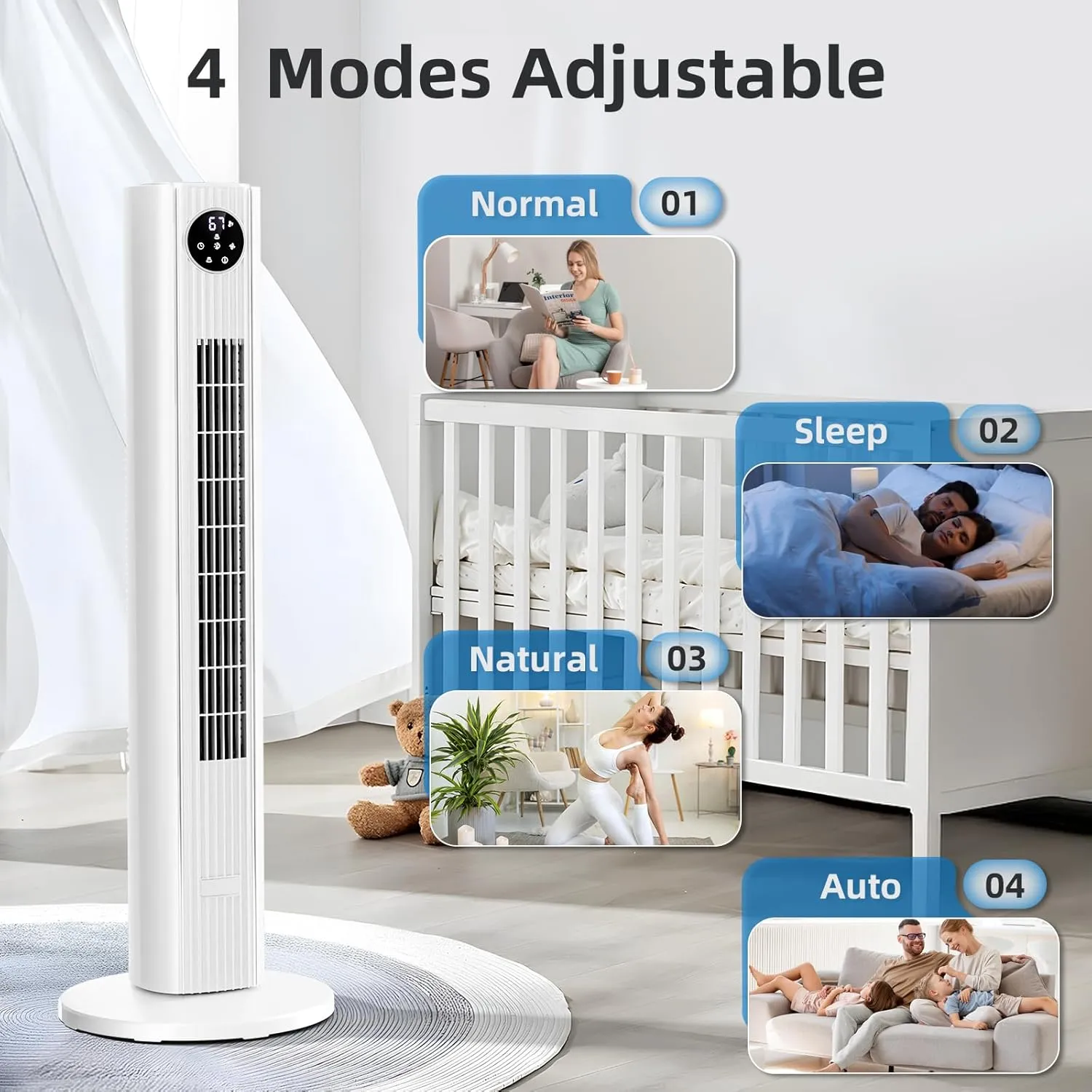 Antarctic Star Tower Fan Portable Floor Fans 85Oscillating Fan Quiet Cooling 12H Timer Remote Control Standing Bladeless Electric 3 Wind Speeds 4 Modes Bedroom Office,35 inch, White