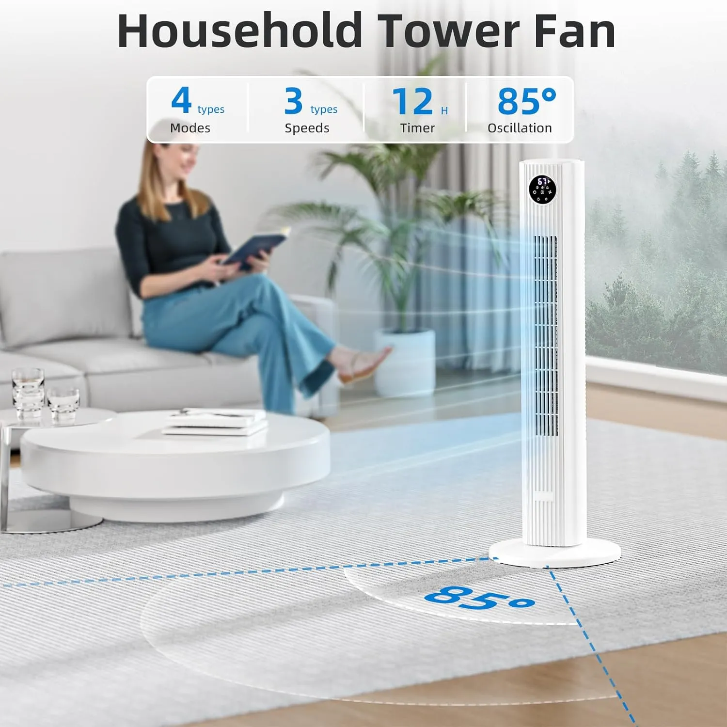 Antarctic Star Tower Fan Portable Floor Fans 85Oscillating Fan Quiet Cooling 12H Timer Remote Control Standing Bladeless Electric 3 Wind Speeds 4 Modes Bedroom Office,35 inch, White