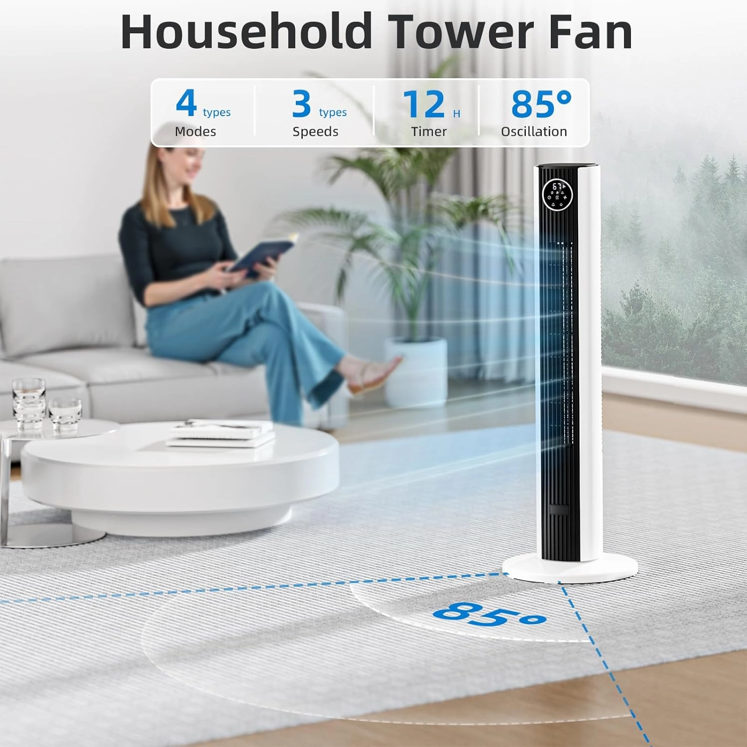 Antarctic Star Tower Fan Portable Floor Fans 85Oscillating Fan Quiet Cooling 12H Timer Remote Control Standing Bladeless Electric 3 Wind Speeds 4 Modes Bedroom Office,35 inch, Black White