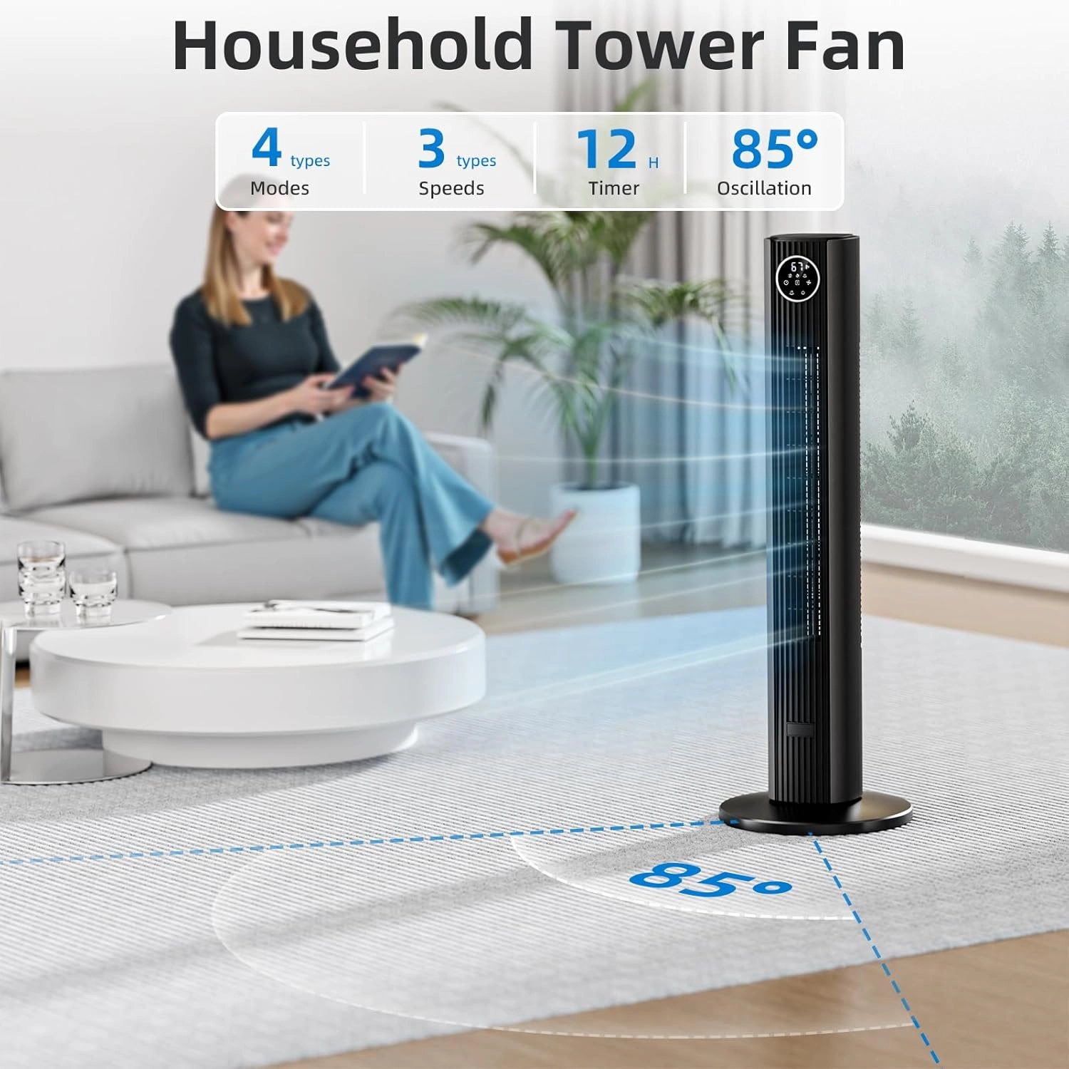 Antarctic Star Tower Fan Portable Floor Fans 85Oscillating Fan Quiet Cooling 12H Timer Remote Control Standing Bladeless Electric 3 Wind Speeds 4 Modes Bedroom Office,35 inch, Grey