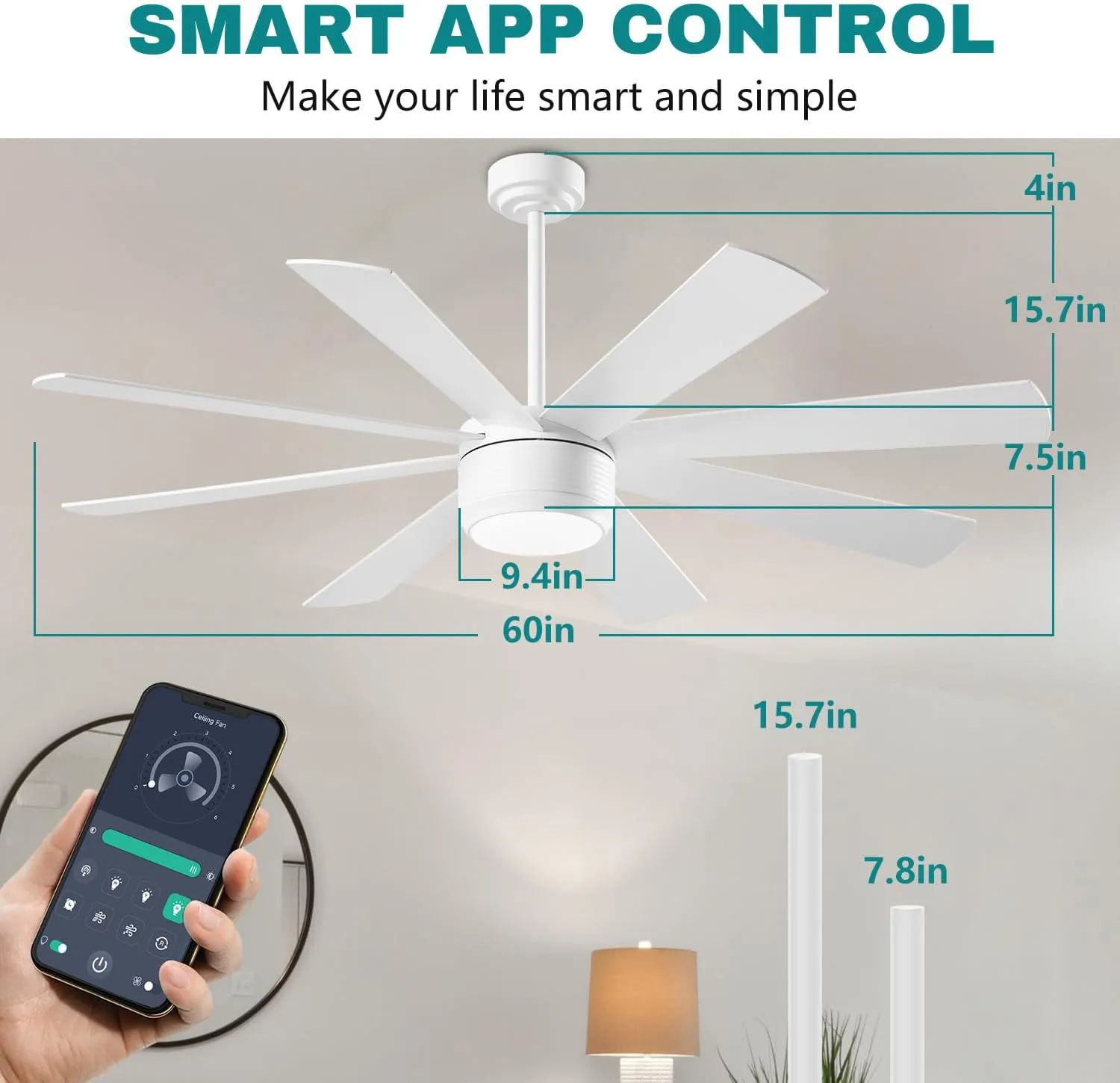 App Commercial Industrial Ceiling Fan with Lights and Remote Control, 8 Blade Reversible Stepless Brightness and Color Temperature (White, 60 Inch)
