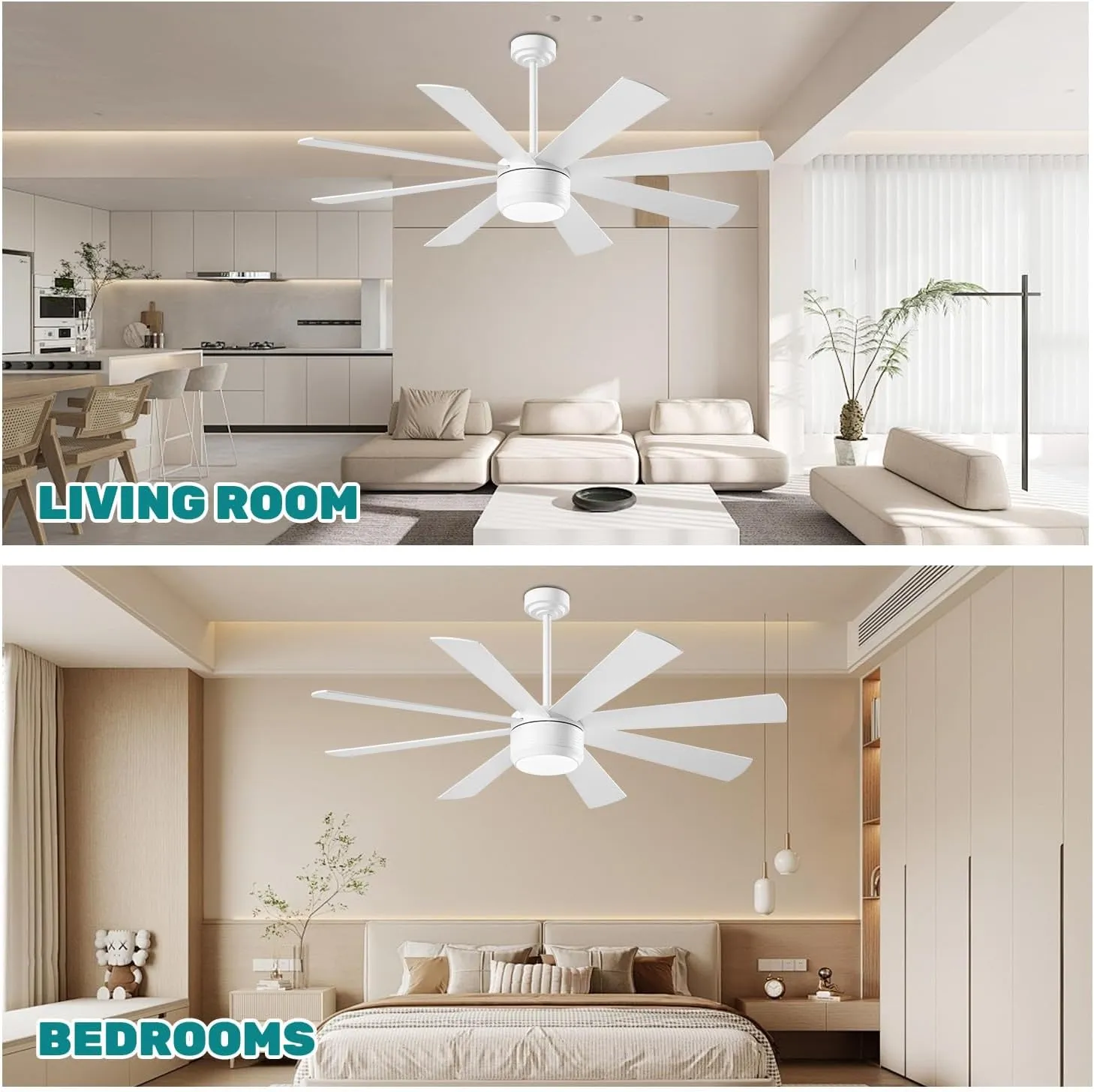 App Commercial Industrial Ceiling Fan with Lights and Remote Control, 8 Blade Reversible Stepless Brightness and Color Temperature (White, 60 Inch)