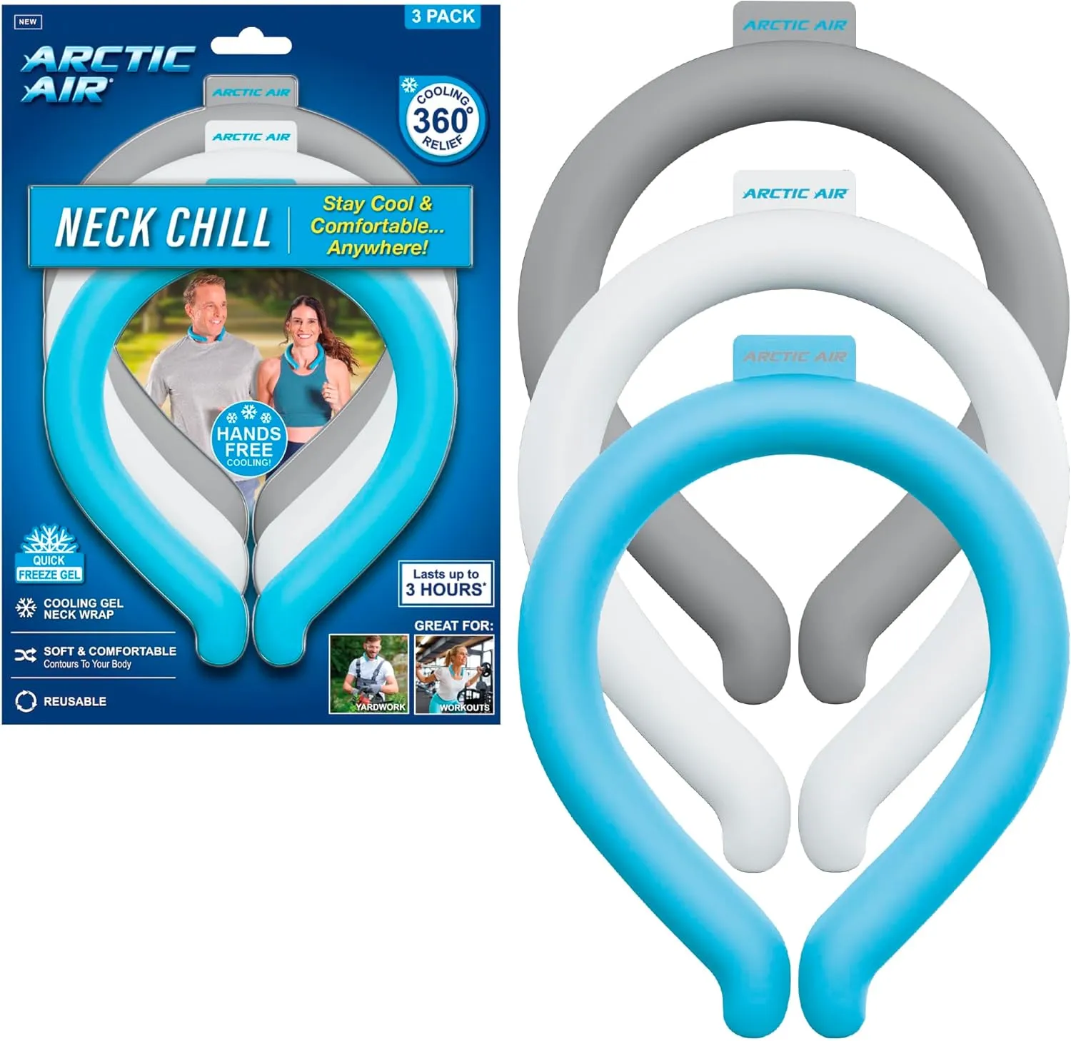 Arctic Air Neck Chill, Neck Cooling Tube, Hands Free Cooling, Quick Freeze Gel, Wearable Body Coolers for Hot Weather, Reusable, Adjustable Fit, 3 Pack Neck fan for hands-free comfort