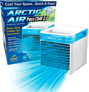 Arctic Air Pure Chill 2.0 Evaporative Air Cooler by Ontel - Powerful, Quiet, Lightweight and Portable Space Cooler with Hydro-Chill Technology For Bedroom, Office, Living Room & More,Blue Solar-powered car fan for ventilation