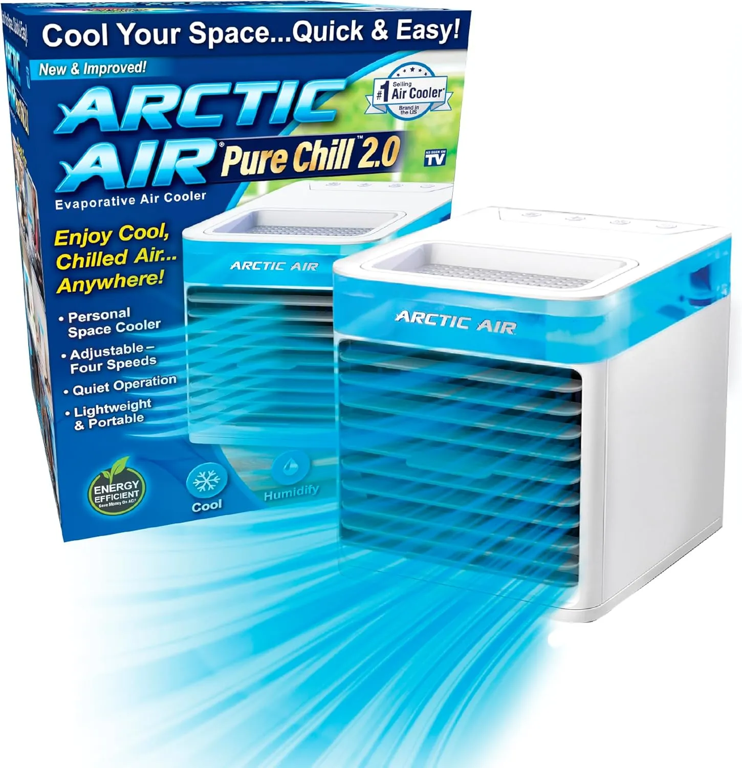 Arctic Air Pure Chill 2.0 Evaporative Air Cooler by Ontel - Powerful, Quiet, Lightweight and Portable Space Cooler with Hydro-Chill Technology For Bedroom, Office, Living Room & More,Blue Solar-powered car fan for ventilation