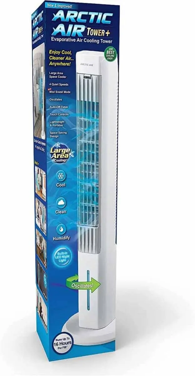 Arctic Air Tower  Indoor Evaporative Cooler with Oscillating and Quiet Fan Function, Auto-Off Timer, 4 Fan Speeds, LED Night Light, 16-Hour Cooling, Fan for Bedroom, Living Room, Office & More,White Tower bladeless fan for modern homes