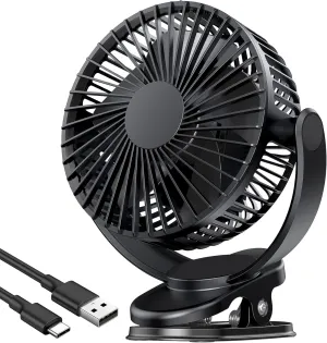 ATEngeus Rechargeable Clip-on USB Desk Fan, 3 Speeds, 5000mAh Battery, 720Rotation, Sturdy Clamp for Home, Camping, Treadmill and Car USB desktop fan for workspace