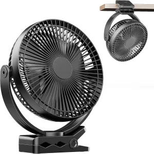 ATEngeus USB Desk Fan, Rechargeable Portable Fan, 8-Inch Clip on Fan, 10000mAh Stroller Fan, 4 Speeds Strong Airflow, 720 Rotation, with Sturdy Clamp, Suitable for home, office and stroller USB desktop fan for workspace