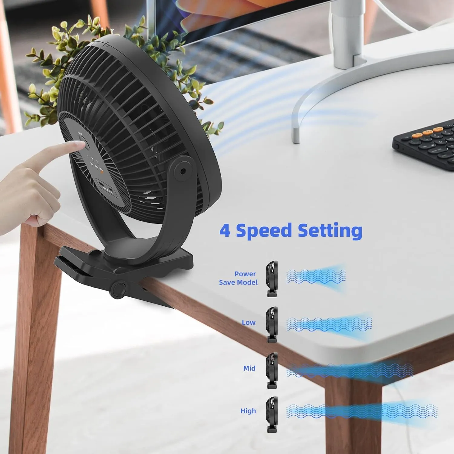 ATEngeus USB Desk Fan, Rechargeable Portable Fan, 8-Inch Clip on Fan, 10000mAh Stroller Fan, 4 Speeds Strong Airflow, 720 Rotation, with Sturdy Clamp, Suitable for home, office and stroller