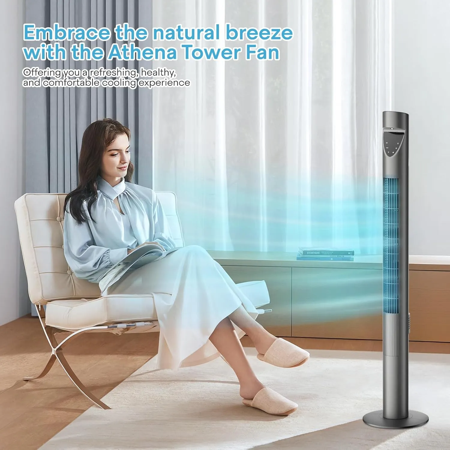 Athena Collection 47" Tower Fan for Bedroom, 25ft/s Velocity Standing Cooling Fan Electric Bladeless Fan with Remote, 3 Speeds, 3 Modes, 12H Timer, Oscillating Quiet Floor Fan for Indoors, Gray