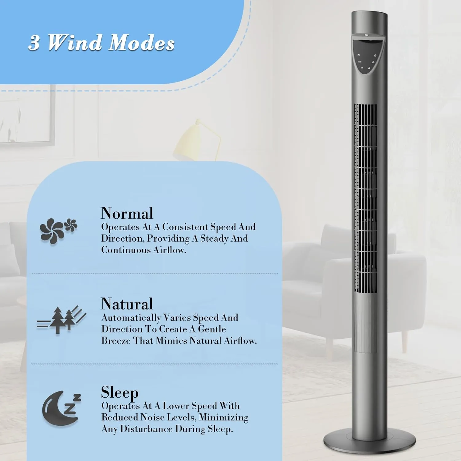 Athena Collection 47" Tower Fan for Bedroom, 25ft/s Velocity Standing Cooling Fan Electric Bladeless Fan with Remote, 3 Speeds, 3 Modes, 12H Timer, Oscillating Quiet Floor Fan for Indoors, Gray