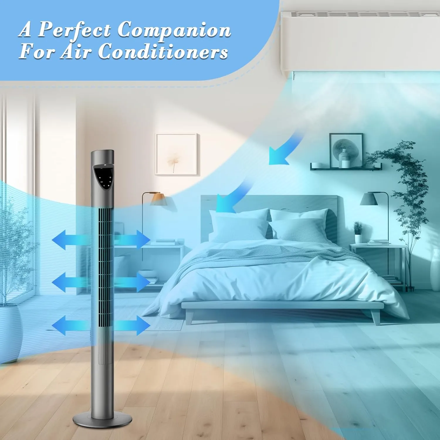 Athena Collection 47" Tower Fan for Bedroom, 25ft/s Velocity Standing Cooling Fan Electric Bladeless Fan with Remote, 3 Speeds, 3 Modes, 12H Timer, Oscillating Quiet Floor Fan for Indoors, Gray