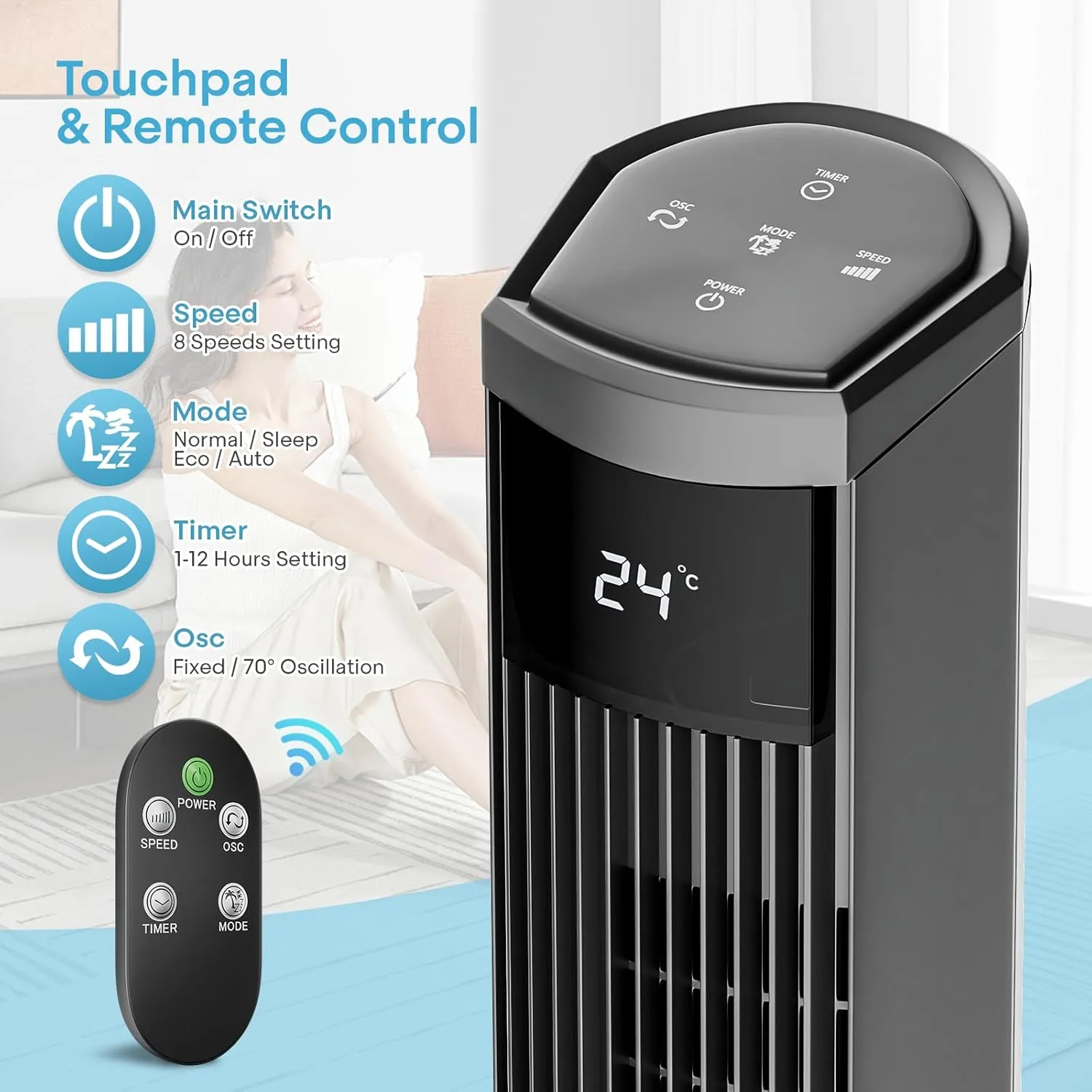 Athena Collection 48" Bladeless Tower Fan, 49ft/s Quiet Floor Fan with Remote & Touch Control, 70 Oscillation, 8 Speeds & 4 Modes, 12H Timer for Bedroom, Living Room, Home Office, Gray