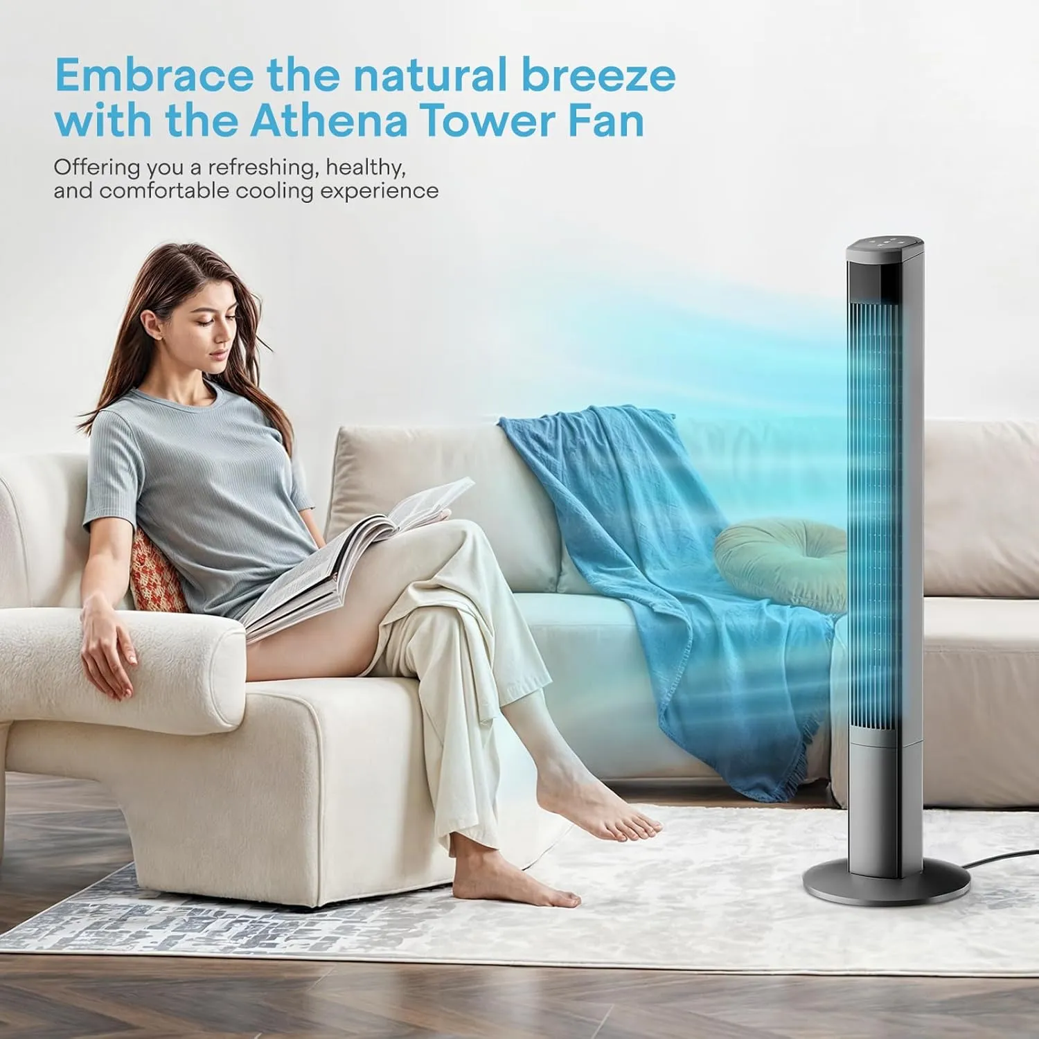 Athena Collection 48" Bladeless Tower Fan, 49ft/s Quiet Floor Fan with Remote & Touch Control, 70 Oscillation, 8 Speeds & 4 Modes, 12H Timer for Bedroom, Living Room, Home Office, Gray