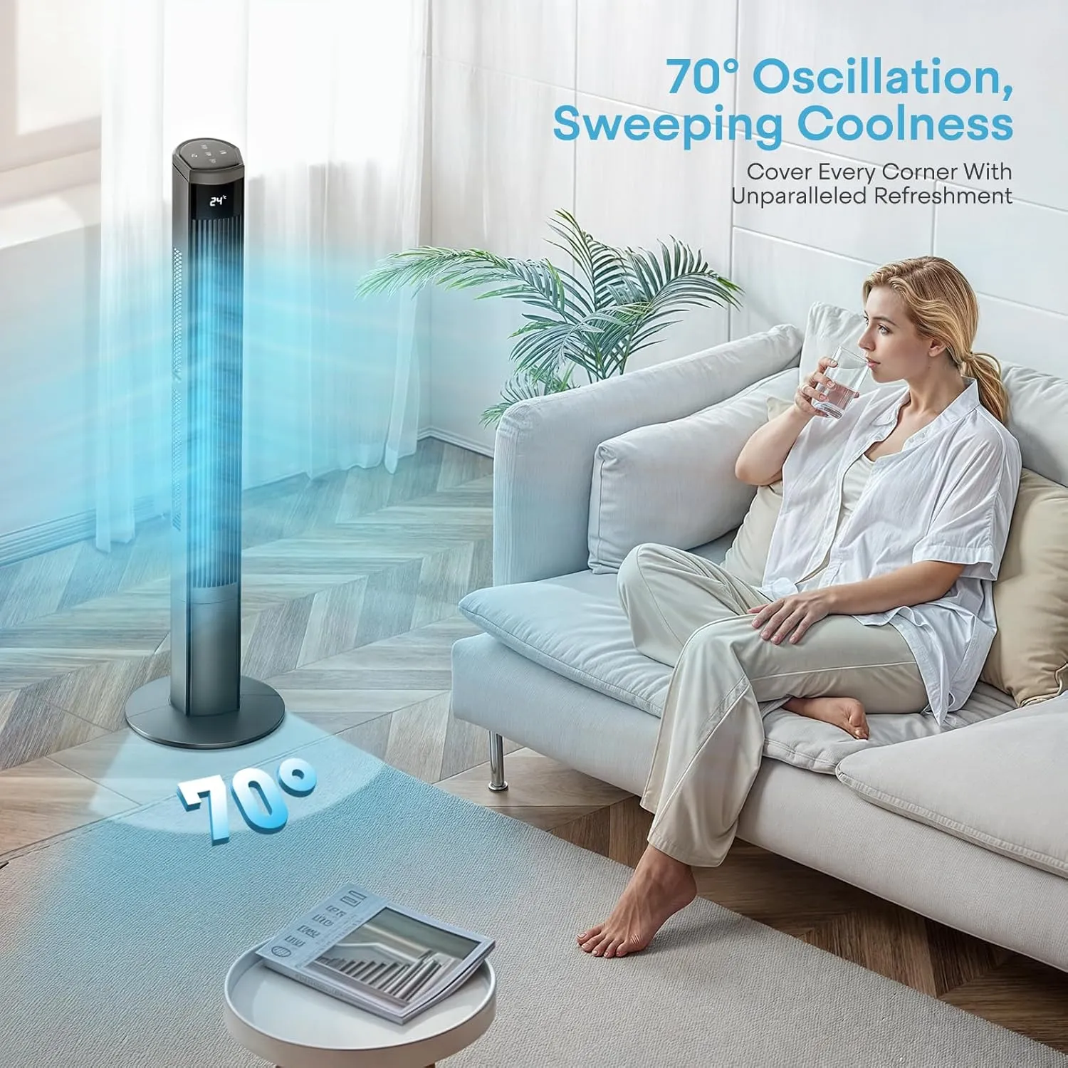 Athena Collection 48" Bladeless Tower Fan, 49ft/s Quiet Floor Fan with Remote & Touch Control, 70 Oscillation, 8 Speeds & 4 Modes, 12H Timer for Bedroom, Living Room, Home Office, Gray
