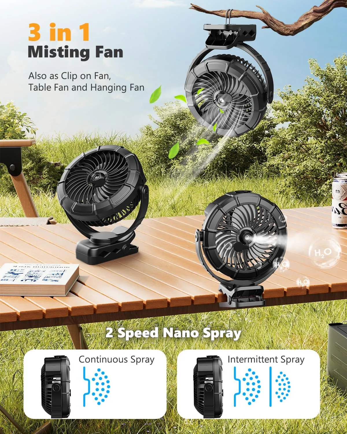 Ausic 3-in-1 Portable Clip on Fan with Misting & LED Lights & Hook, 100ML Baby Stroller Fan, 5200mAh Rechargeable Battery Operated & 360 Rotation & 3 Speeds for Table Outdoor Travel Camp Golf Cart