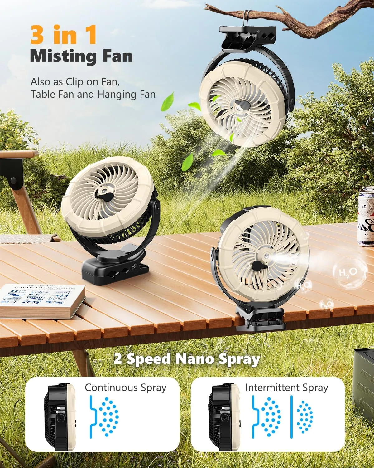 Ausic 3-in-1 Portable Clip on Fan with Misting & LED Lights & Hook, 100ML Baby Stroller Fan, 5200mAh Rechargeable Battery Operated & 360 Rotation & 3 Speeds for Table Outdoor Travel Camp Golf Cart