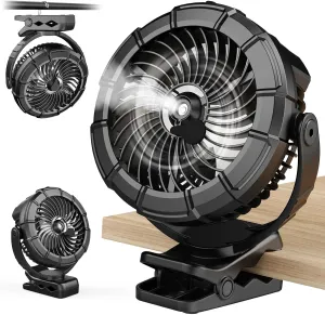 Ausic 3-in-1 Portable Clip on Fan with Misting & LED Lights & Hook, 100ML Baby Stroller Fan, 5200mAh Rechargeable Battery Operated & 360 Rotation & 3 Speeds for Table Outdoor Travel Camp Golf Cart 360-degree rotating fan for home use