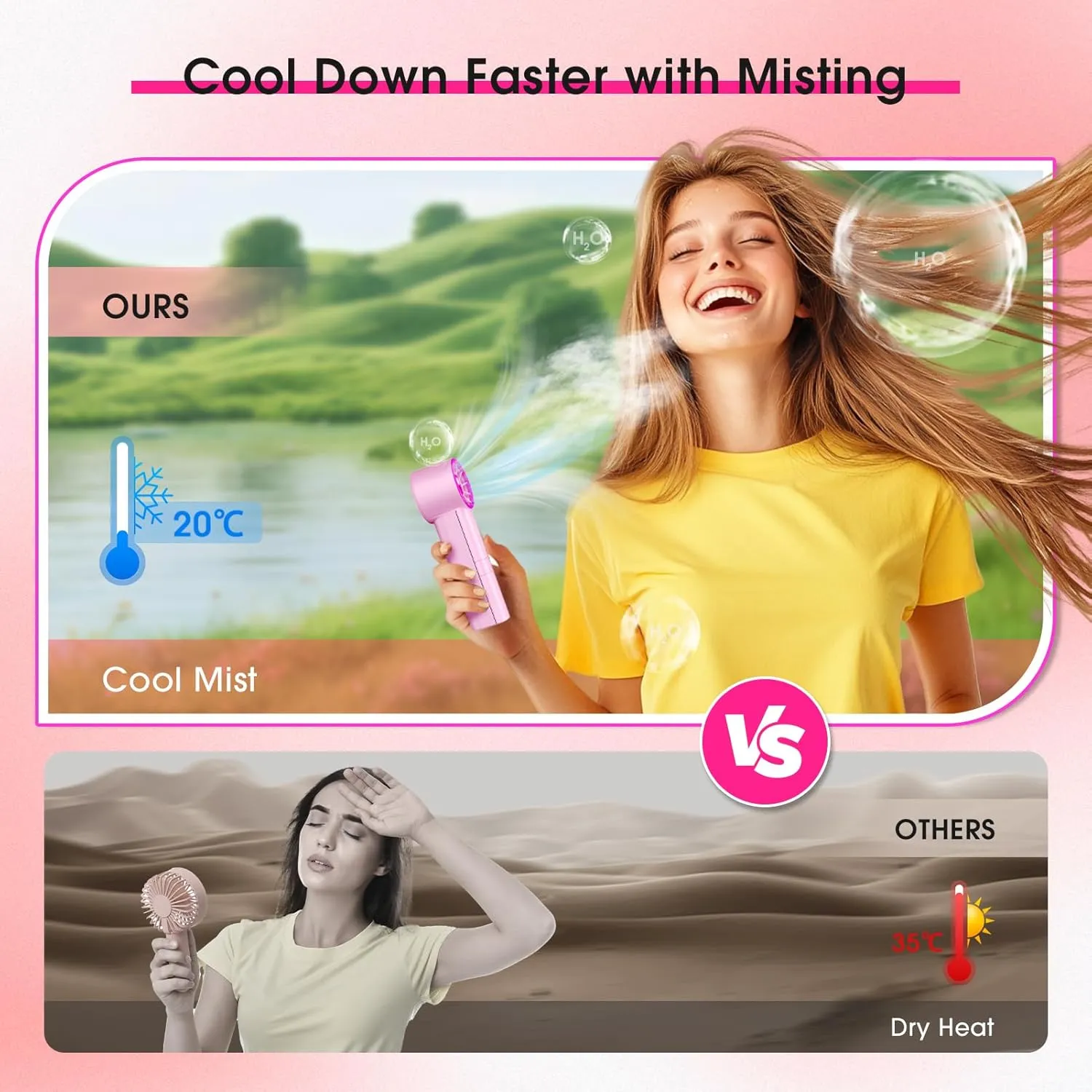 Ausic Portable Handheld Misting Fan, Pink Turbo Fans with Mist, High-Speed, Personal Small Water Spray Fan, Outdoor Cooling Rechargeable Battery Pocket Fans for Travel/Makeup/Shopping/Beach