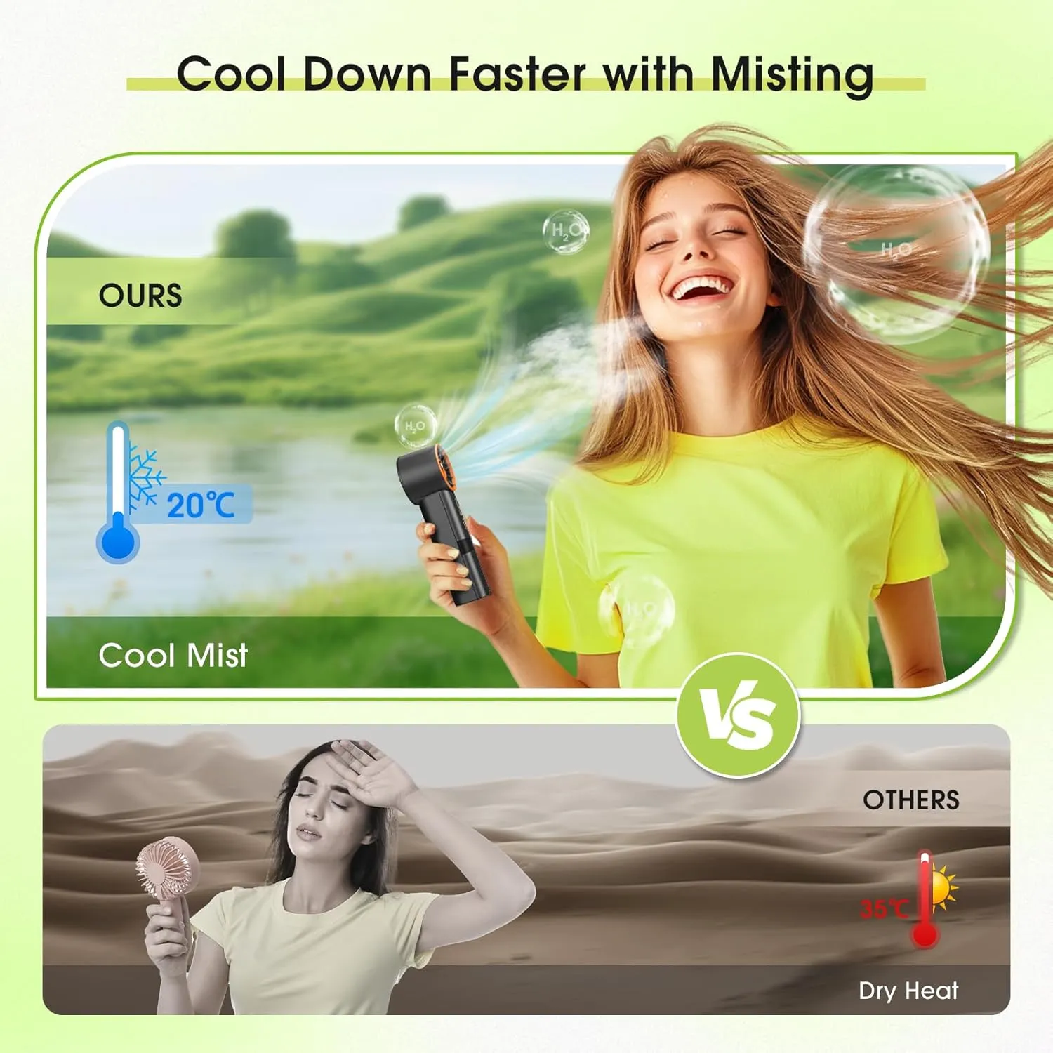 Ausic Portable Handheld Misting Fan, Turbo Fans with Mist, High-Speed, 3 Speeds Personal Small Spray Fan, Outdoor Cooling Rechargeable Battery Operated Fans for Travel/Makeup/Shopping