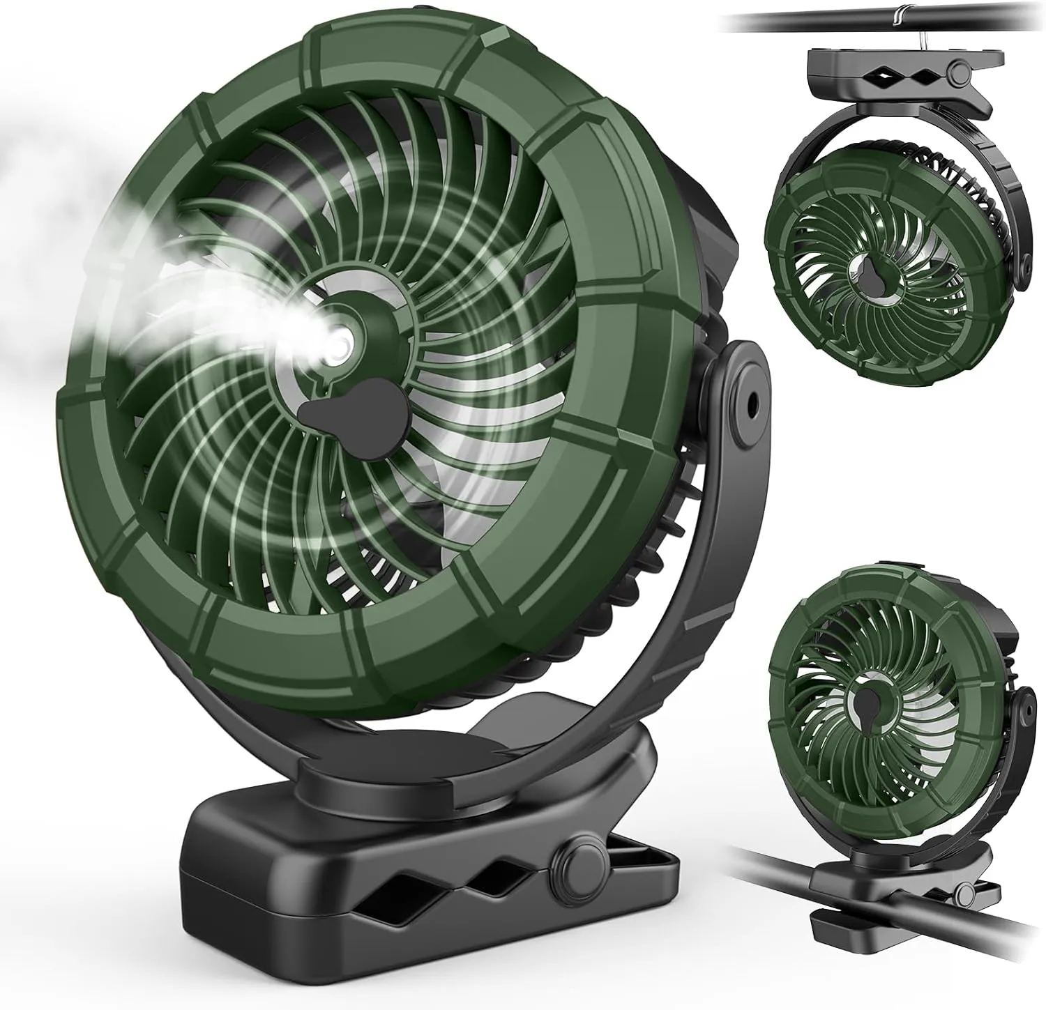 Ausic Portable Misting Clip on Fan, 100ml Camping Stroller Fan with Mist, 5200mAh Outdoor Rechargeable Battery Operated Fans, 360 Rotate Cooling Spray Fans for Travel/Home/Beach/Golf Cart 360-degree rotating fan for home use