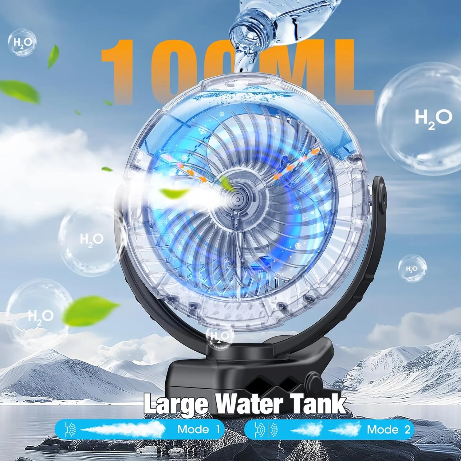Ausic Portable Misting Clip on Fan, 100ml Camping Stroller Fan with Mist, 5200mAh Outdoor Rechargeable Battery Operated Fans, 360 Rotate Cooling Spray Fans for Travel/Home/Beach/Golf Cart