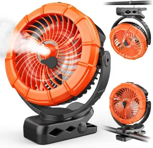 Ausic Portable Misting Clip on Fan, 100ml Camping Stroller Fan with Mist & LED, 5200mAh Outdoor Rechargeable Battery Operated Fans, 360 Rotate Cooling Spray Golf Cart Fans for Travel/Home/Beach 360-degree rotating fan for home use