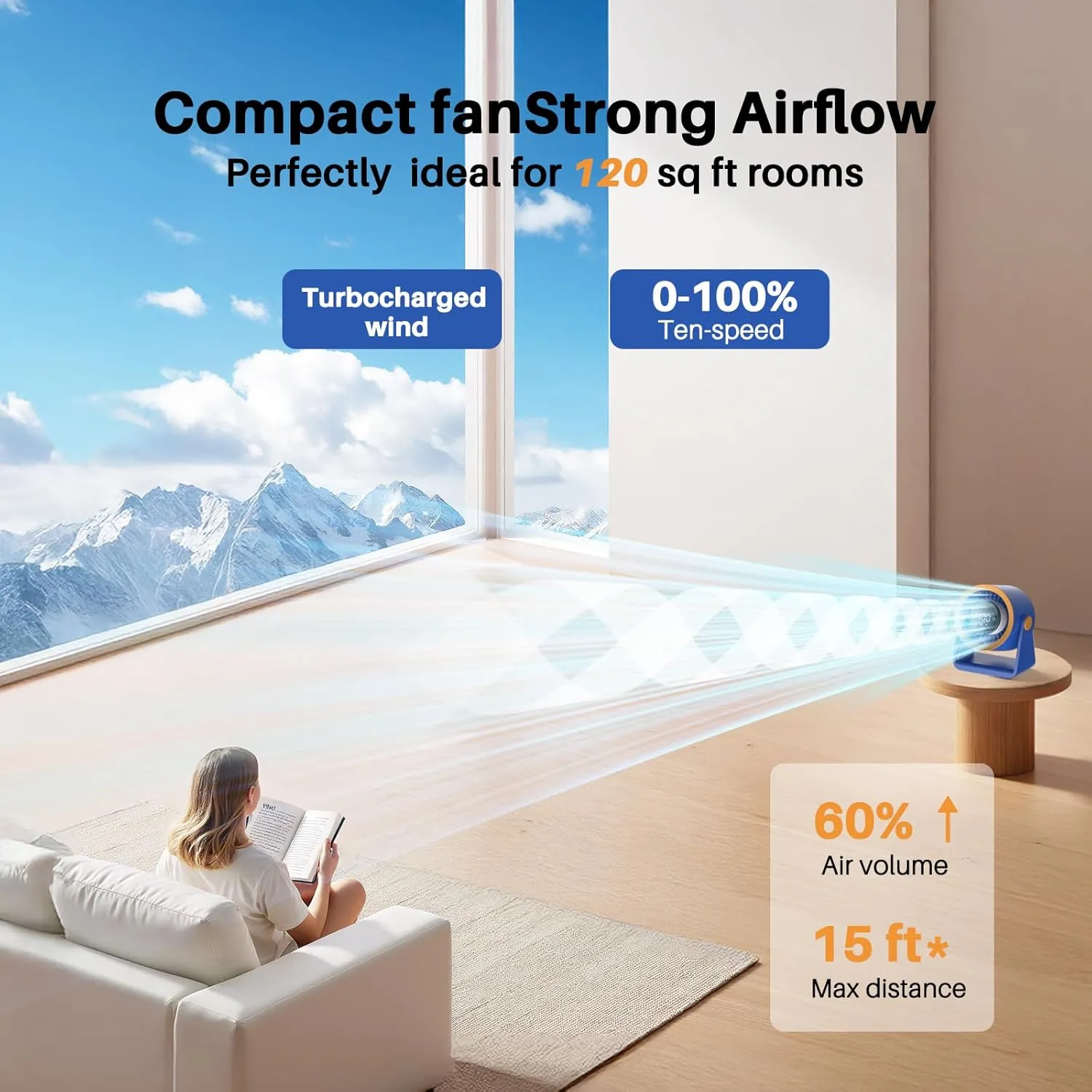 Ausic Powerful Desk Fan Utra-quiet for Bedroom, 15200mAh Small Turbo Bedside Fans for Cooling and Sleep, Personal Battery Powered USB Fans With LED Light, Digital Display, 105 Tilt (Blue)