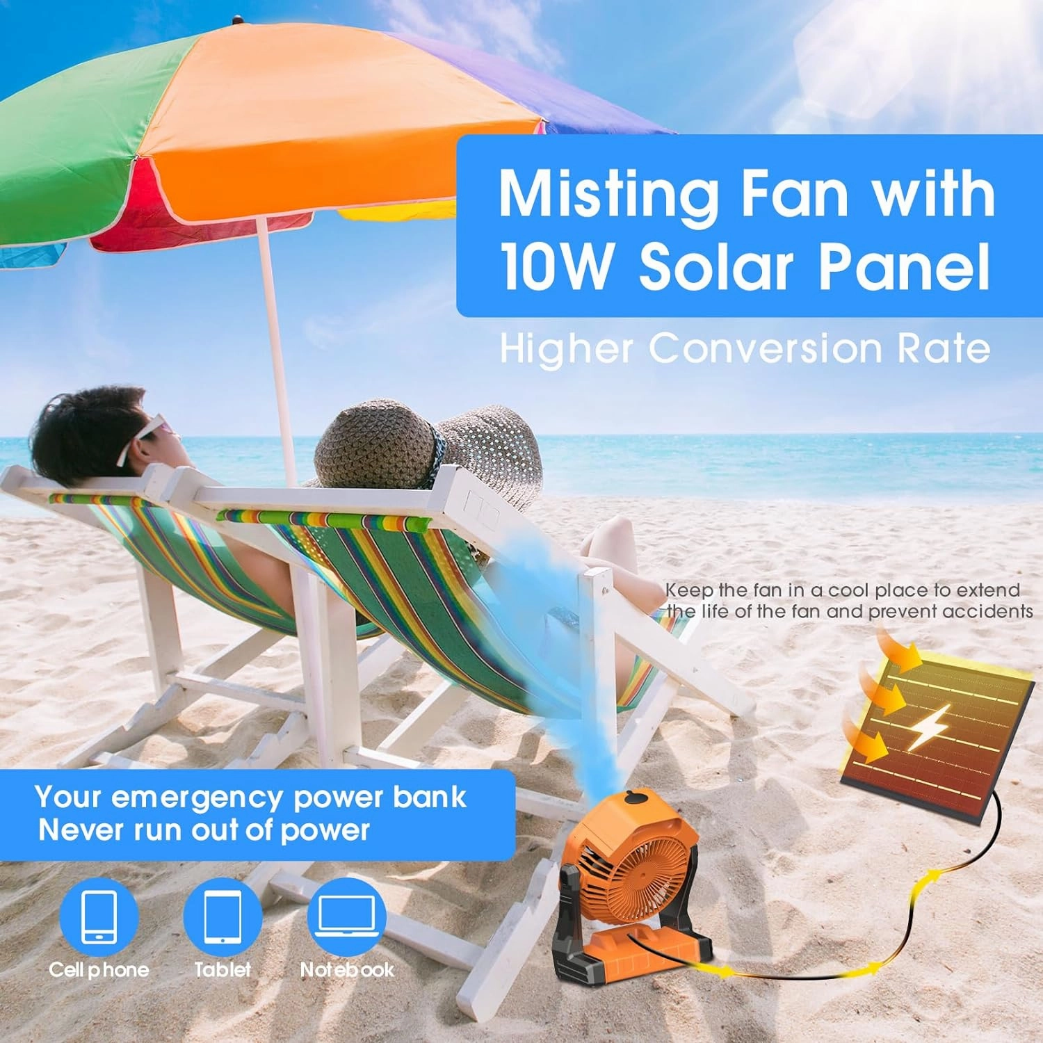 Ausic 10W Misting Solar Fan, 250ml Portable Outdoor Fans with Solar Panel, 8 Inch Battery Operated Rechargeable Cooling Fans with Hook, Camping Water Spray Fan for Travel/Beach/Patios/Chicken Coop