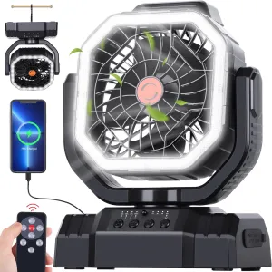 AVV 20000mAh High Speed Portable Camping Rechargeable Fan with Remote Control, Battery Powered with Auto Oscillating with Camping Essentials Accessories for Outdoor, Beach, Patio, Tent, Black Battery-powered portable fan