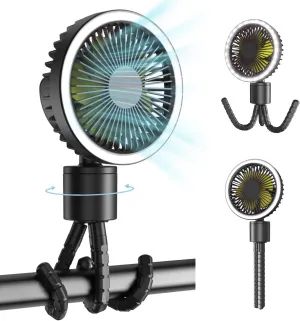 Baby Portable Stroller Fan, Auto Oscillating, 3 LED Modes, USB Rechargeable, Silent 360 Rotate, Tripod Clip-on with 3 Speeds, 10 Hours of Use, Handheld Cooling Fan for Car Seat, Travel Tent 360-degree rotating fan for home use