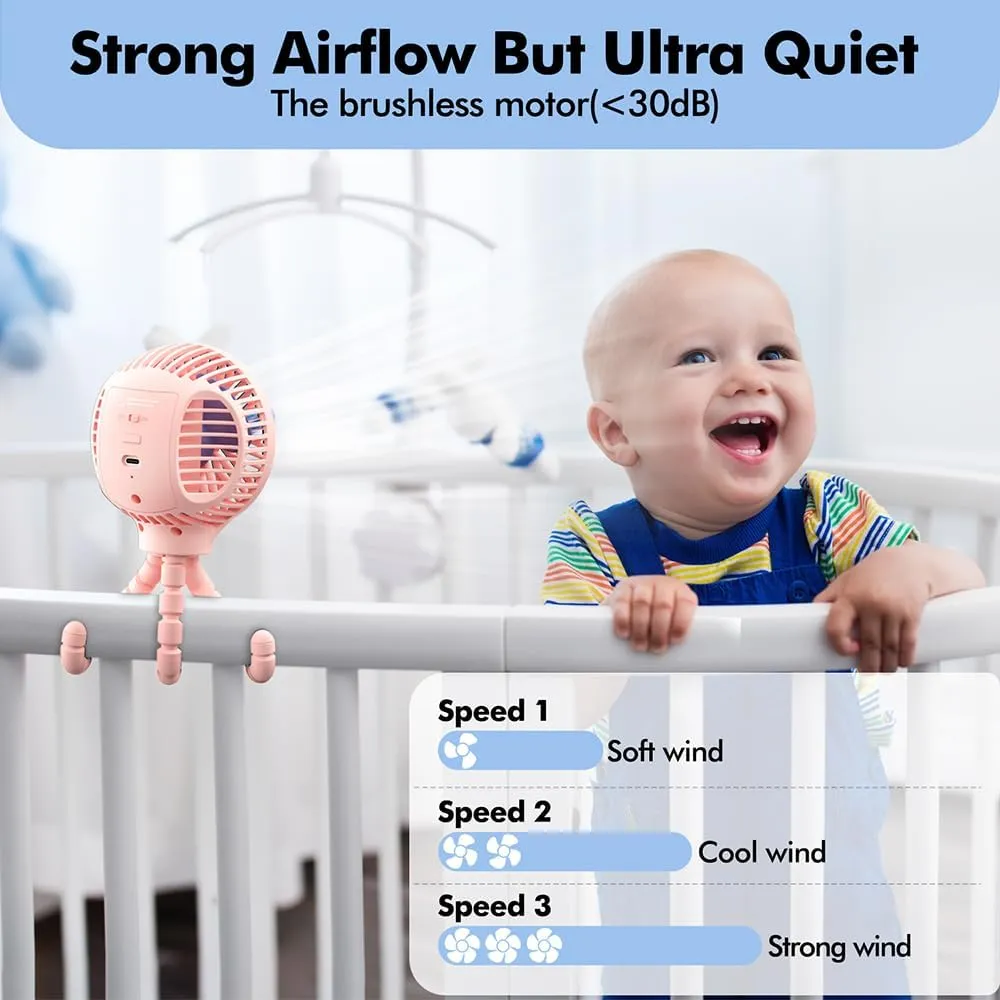 Baby Stroller Fan, Battery Operated Clip-on Portable, 3 Speed 360 Rotate Car Seat, USB Rechargeable Handheld Cooling for Crib Treadmill Travel