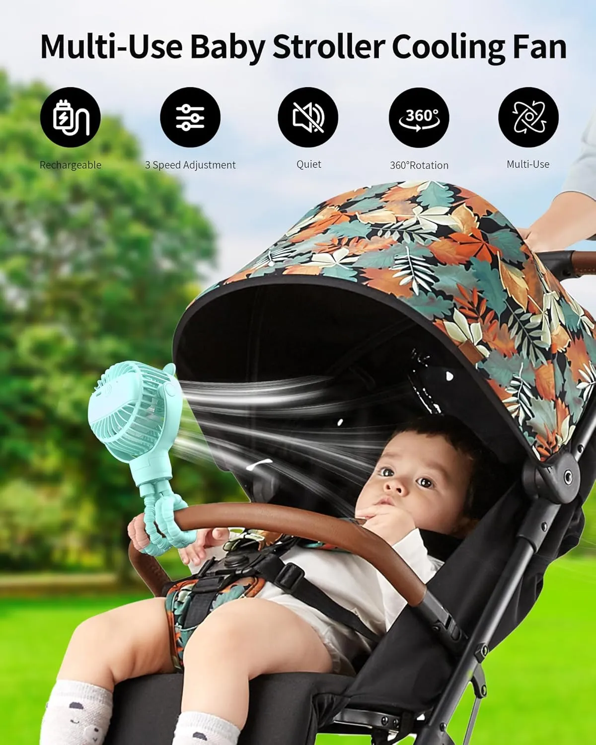 Baby Stroller Fan, Rechargeable Portable Fan with 2000 mAh Battery Operated,3 Wind Speed,360-Degree Rotation,Ultra-Low Noise Level,Safe mini fan for your baby