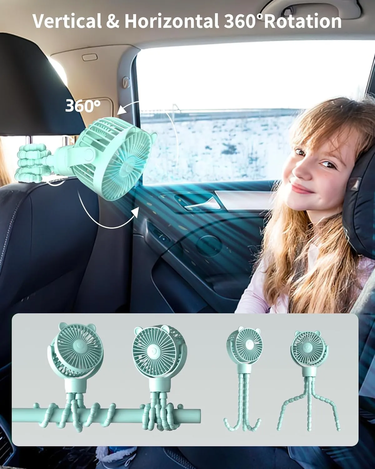 Baby Stroller Fan, Rechargeable Portable Fan with 2000 mAh Battery Operated,3 Wind Speed,360-Degree Rotation,Ultra-Low Noise Level,Safe mini fan for your baby