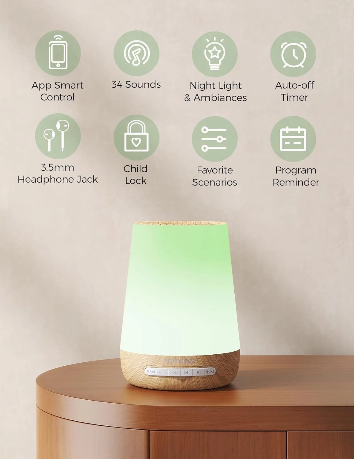 Baby Sound Machine, Momcozy White Noise Machine for Baby Sleeping with Night Light, Toddler Sleep Trainer with 34 Soothing Sounds, Timer, App Remote Control, Personal Sleep Routine(Wood Grain)