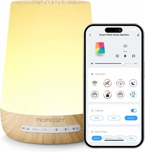 Baby Sound Machine, Momcozy White Noise Machine for Baby Sleeping with Night Light, Toddler Sleep Trainer with 34 Soothing Sounds, Timer, App Remote Control, Personal Sleep Routine(Wood Grain) App-controlled remote fan for convenience