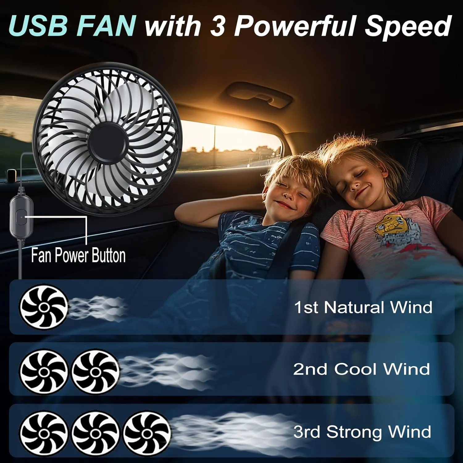 Back Seat Fans,Adjustable Car Backseat Fan for Kids USB Powered Fan for Car (No Battery)