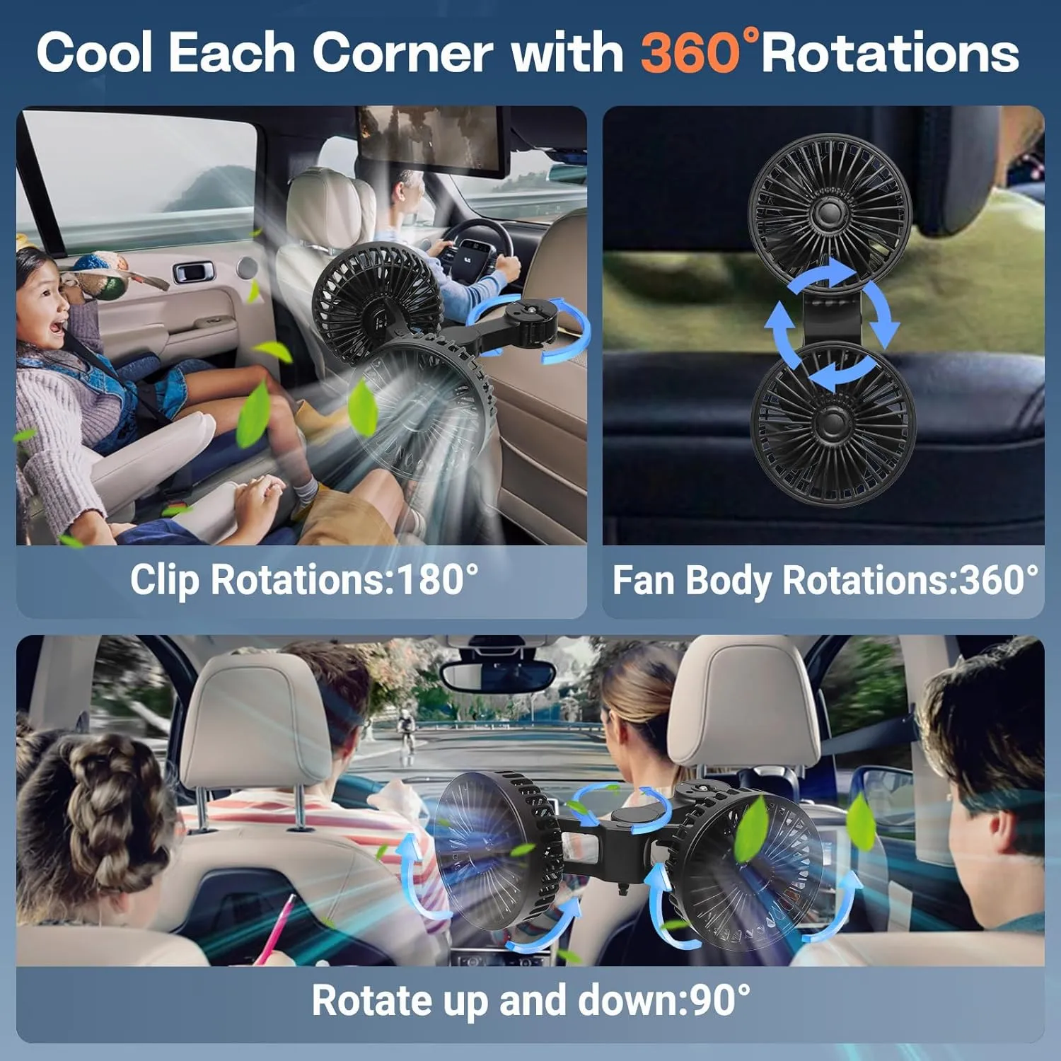 Backseat Car Fan, Car Fan for Back Seat, Back Seat Fans for Kid (No Battery)