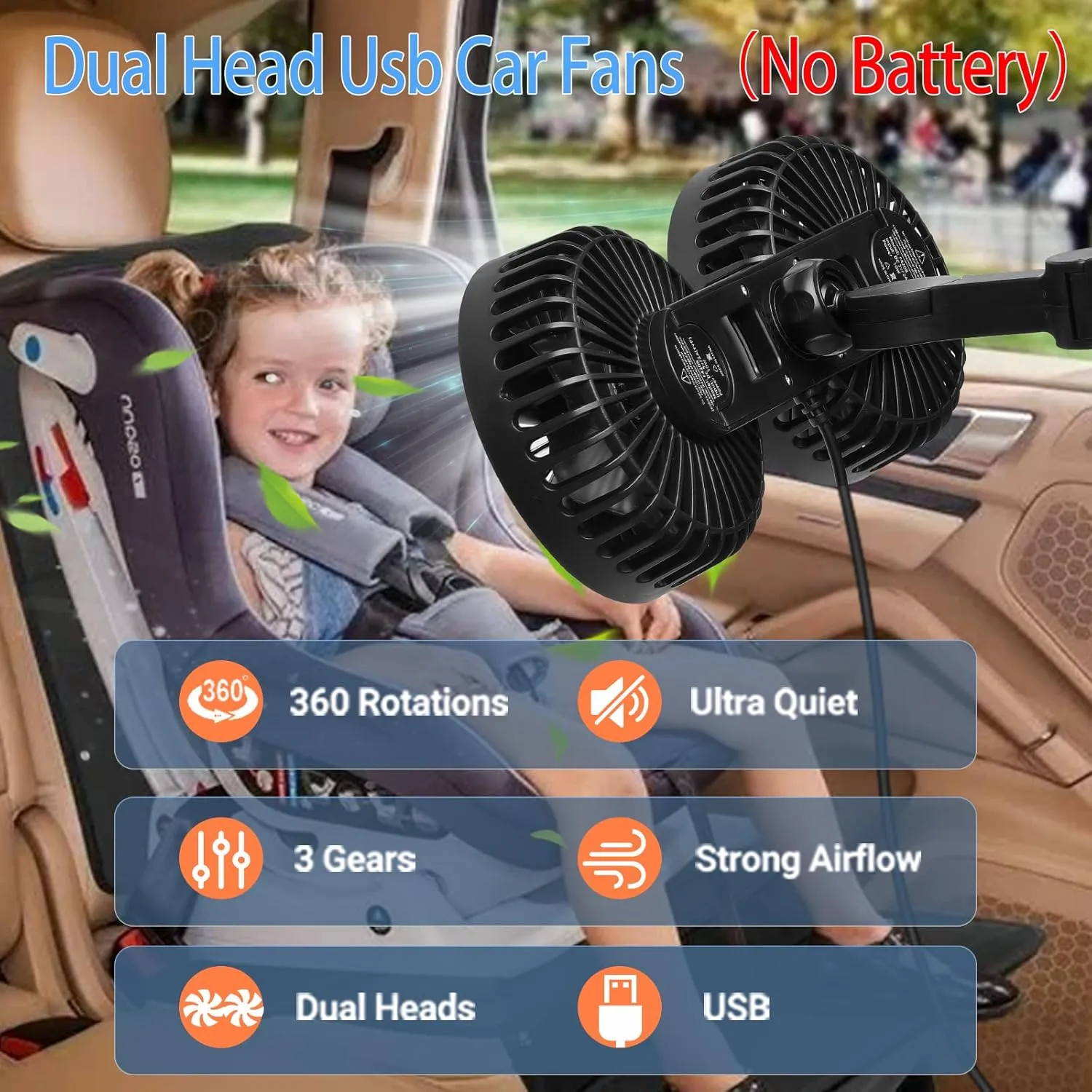 Backseat Car Fan, Car Fan for Back Seat, Back Seat Fans for Kid (No Battery)