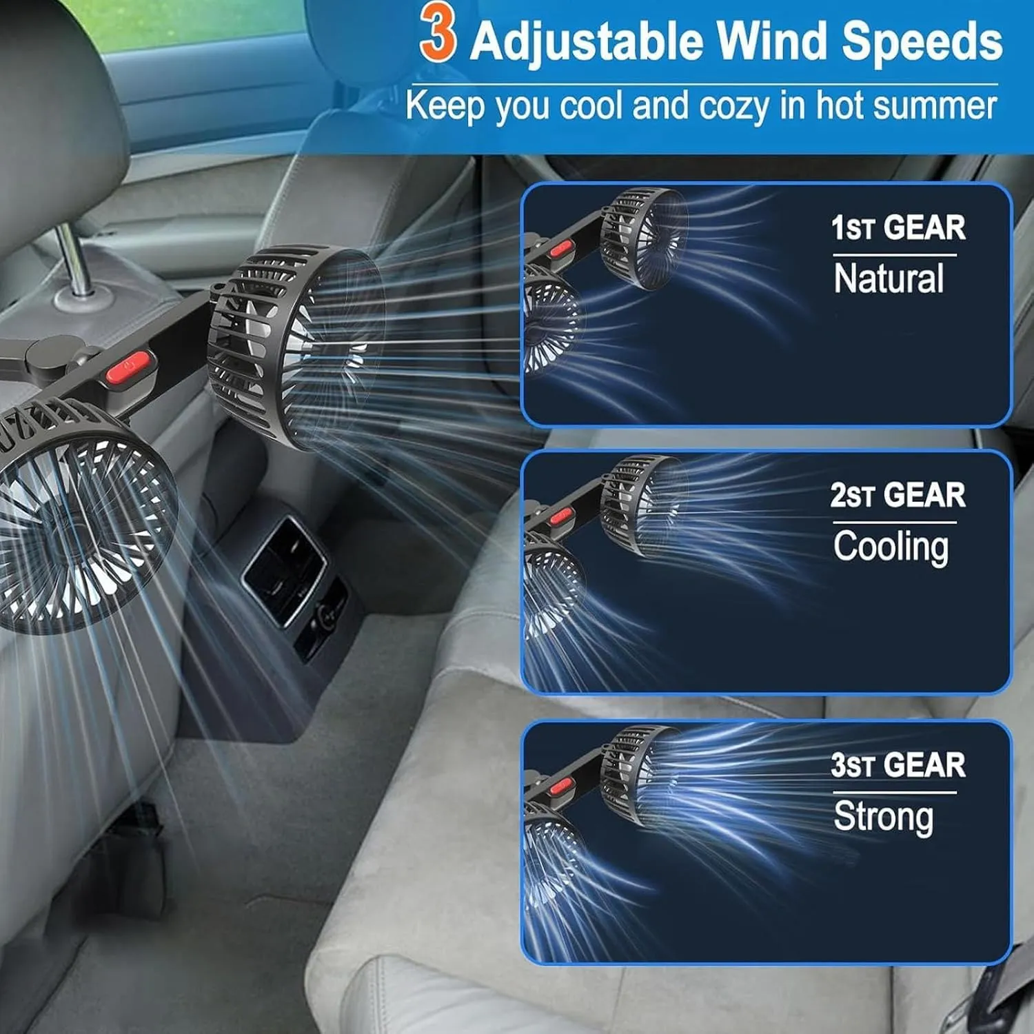 Backseat Fan For Baby Rear Facing, Fan For Backseat Kids,Adjustable Car Back-Seat F-An,USB Powered Car Seat Fans,Car Window Fans For Side Windows,3 Speeds & 360 Rotatable Window F-An (Yellow)
