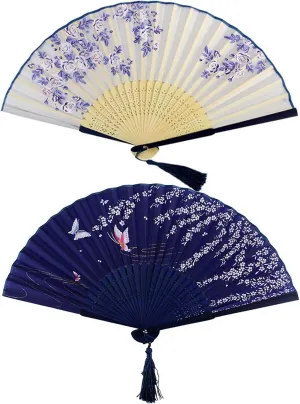 Bantoye 2 Pieces Handheld Fans, Silk Folding Fans with Bamboo Frames for Dancing Cosplay Wedding Party Props Decoration, White Blue Mini handheld fan for personal cooling