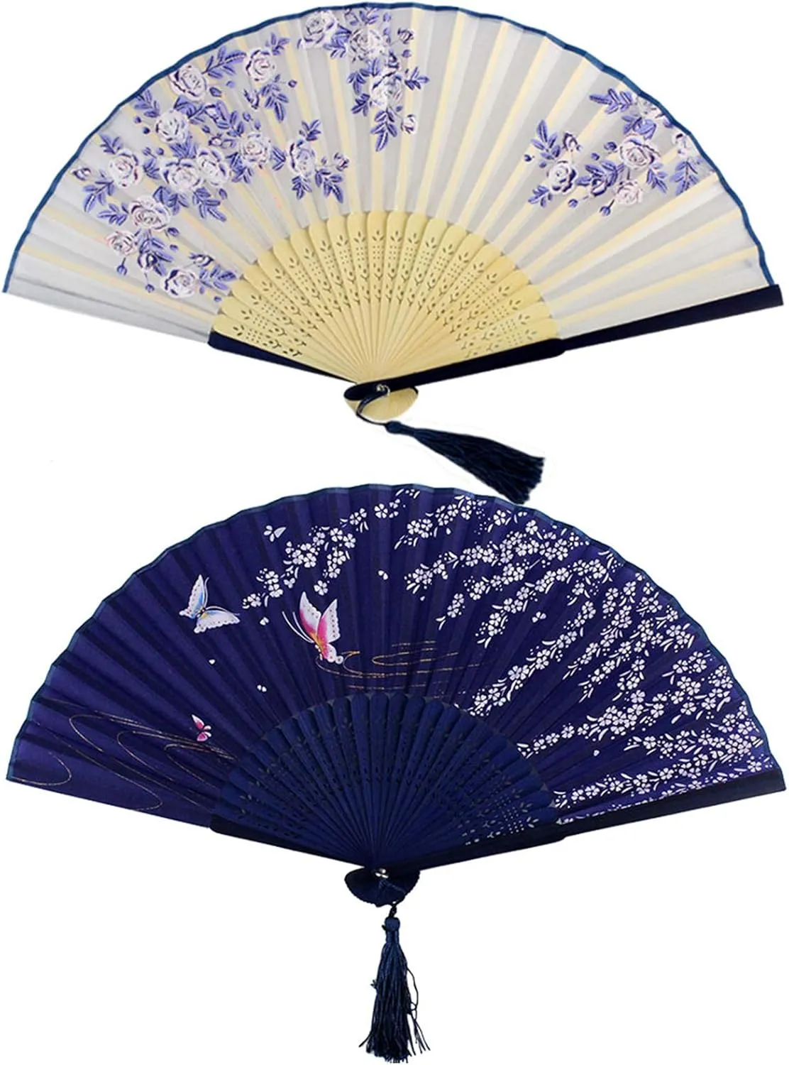Bantoye 2 Pieces Handheld Fans, Silk Folding Fans with Bamboo Frames for Dancing Cosplay Wedding Party Props Decoration, White Blue Mini handheld fan for personal cooling