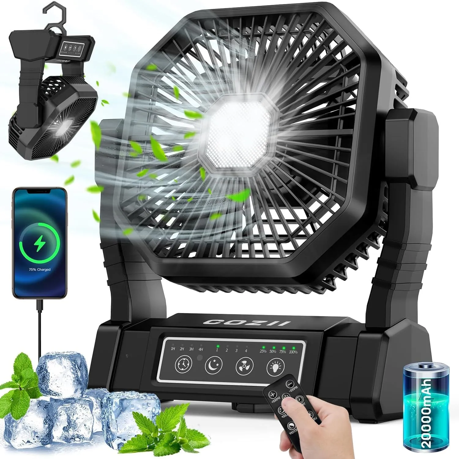 Battery Operated Fan, 20000mAh Rechargeable Camping Fan for Tent with LED Lantern - 3 Colors, 4 Speeds, 4 Timing, Adjustable Head with Hook, Portable Camping Gear for Table, BBQ, Beach, Hiking,Travel Battery-powered portable fan