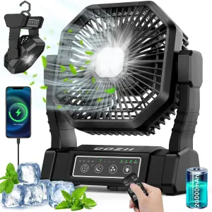 Battery Operated Fan, 20000mAh Rechargeable Camping Fan for Tent with LED Lantern - 3 Colors, 4 Speeds, 4 Timing, Adjustable Head with Hook, Portable Camping Gear for Table, BBQ, Beach, Hiking,Travel Battery-powered portable fan